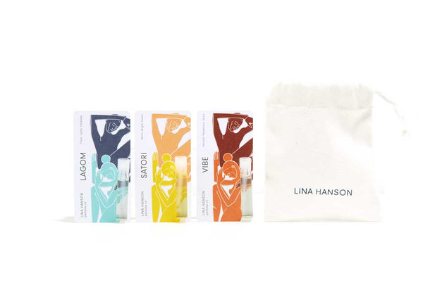 Lina Hanson Clean Perfume Sample Set. Lagom Perfume Oil, Vibe Perfume Oil and Satori Perfume oil and 100% natural  